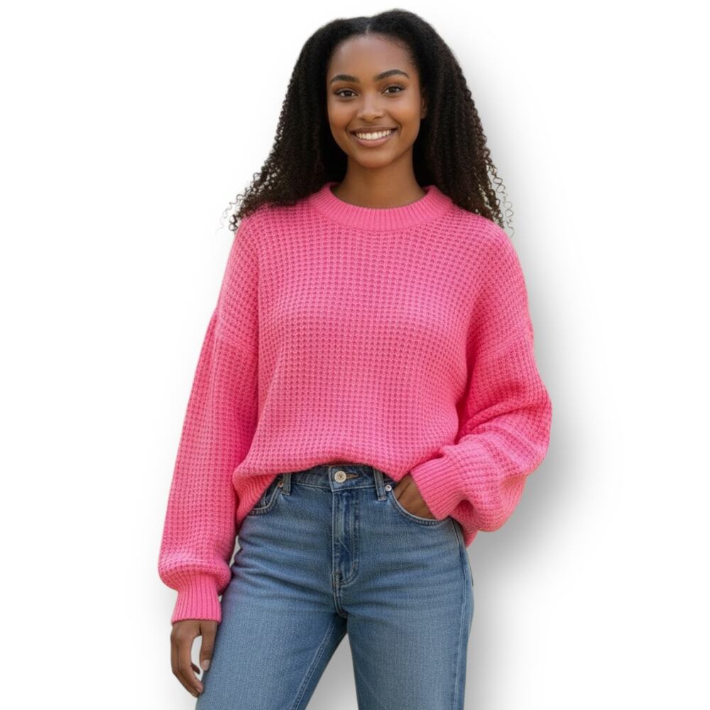 ASOS Women's Design Boxy Balloon Sleeve Pullover Sweater 12 Pink Waffle Knit